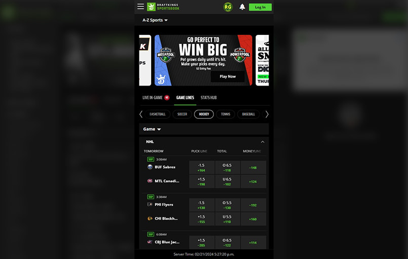 The DraftKings mobile interface.